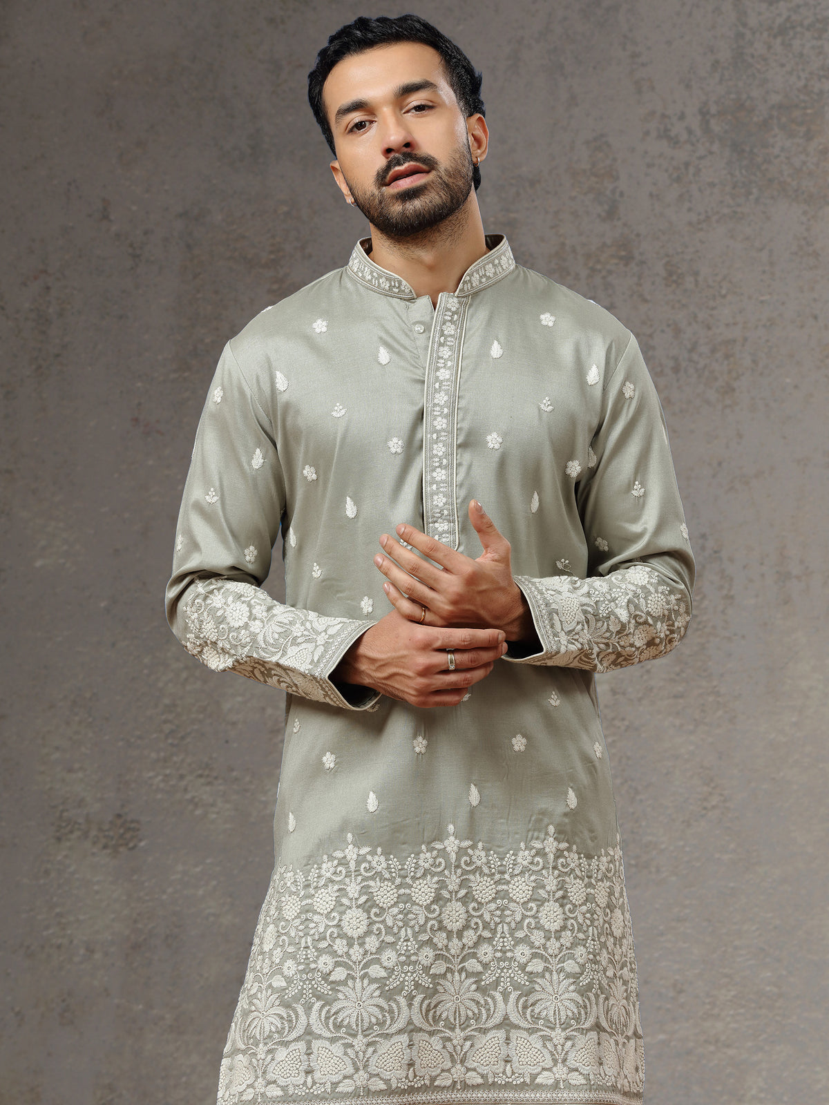 Light Grey Silk Kurta with Cream Aligarhi Pant for Men