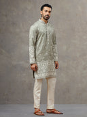 Light Grey Silk Kurta with Cream Aligarhi Pant for Men