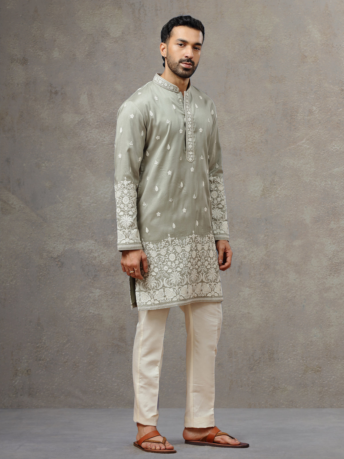 Light Grey Silk Kurta with Cream Aligarhi Pant for Men