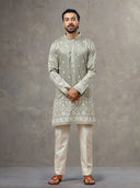 Light Grey Silk Kurta with Cream Aligarhi Pant for Men