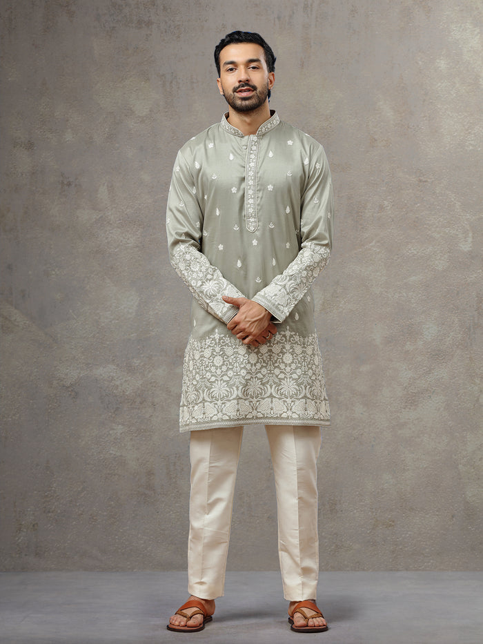 Light Grey Silk Kurta with Cream Aligarhi Pant for Men