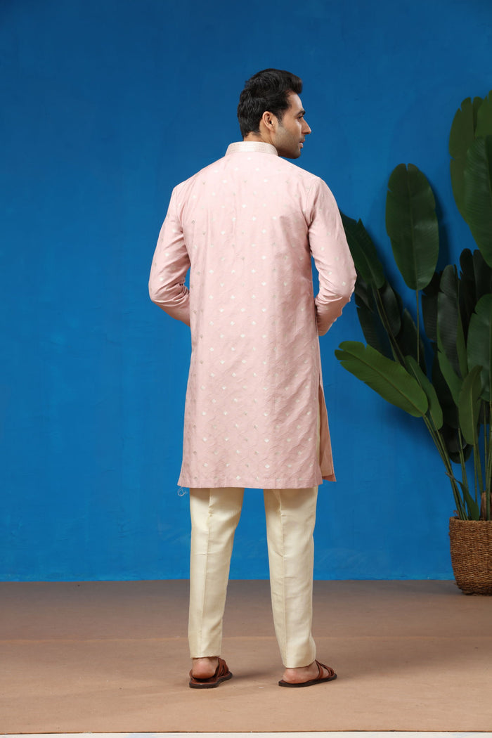 Mauve Jacquard Silk Kurta with Cream Aligarhi Pants - KORANM