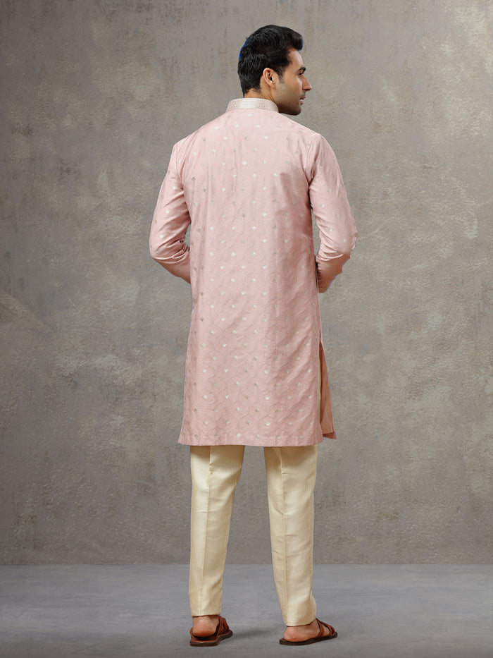 Mauve Jacquard Silk Kurta with Cream Aligarhi Pants