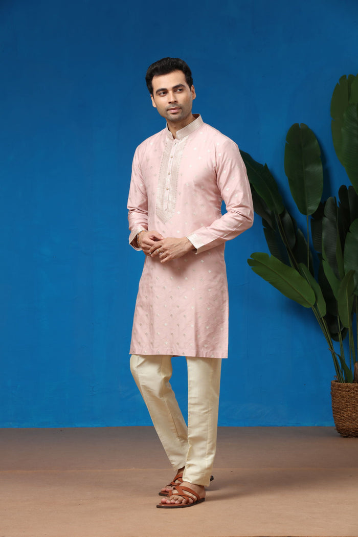 Mauve Jacquard Silk Kurta with Cream Aligarhi Pants - KORANM