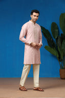 Mauve Jacquard Silk Kurta with Cream Aligarhi Pants