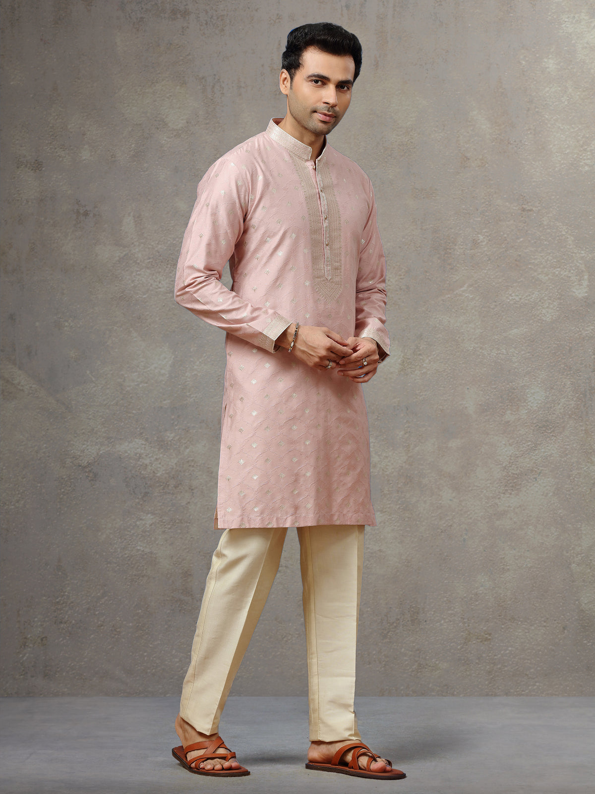 Mauve Jacquard Silk Kurta with Cream Aligarhi Pants - KORANM