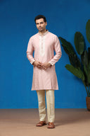 Mauve Jacquard Silk Kurta with Cream Aligarhi Pants