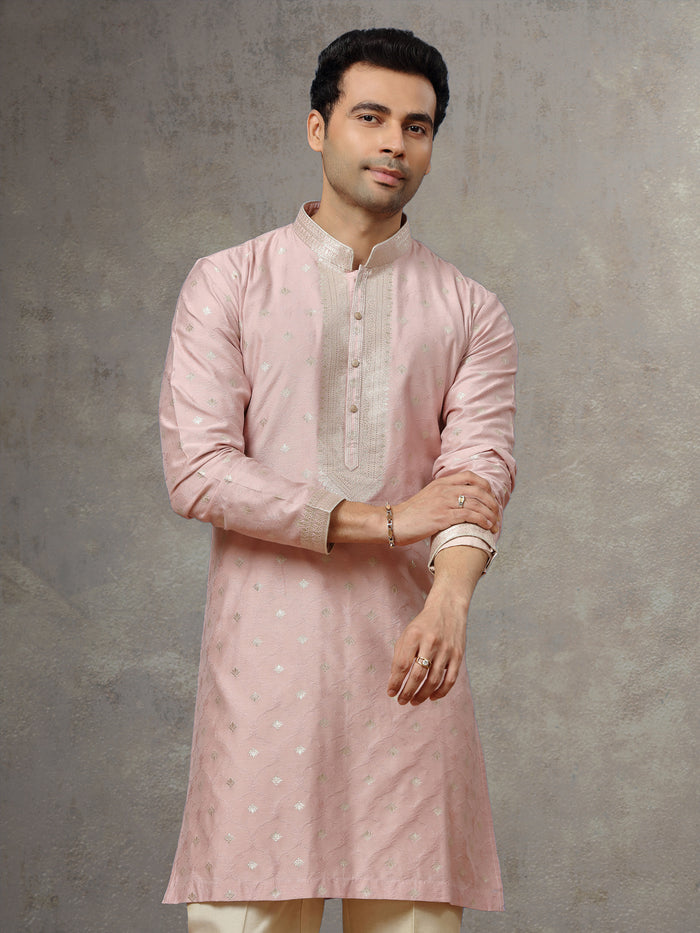 Mauve Jacquard Silk Kurta with Cream Aligarhi Pants