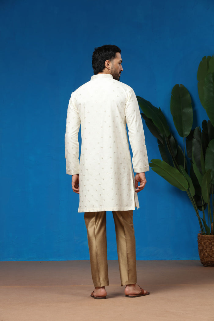 Ivory Jacquard Silk Embroidered Kurta with Antique Aligarhi Pants