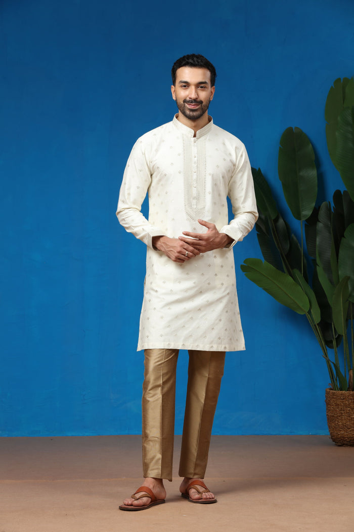 Ivory Jacquard Silk Embroidered Kurta with Antique Aligarhi Pants