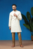 Ivory Jacquard Silk Embroidered Kurta with Antique Aligarhi Pants