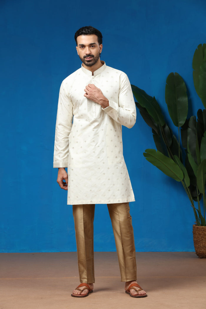 Ivory Jacquard Silk Embroidered Kurta with Antique Aligarhi Pants