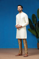 Ivory Jacquard Silk Embroidered Kurta with Antique Aligarhi Pants