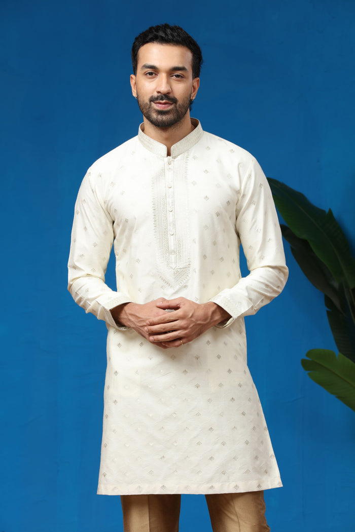 Ivory Jacquard Silk Embroidered Kurta with Antique Aligarhi Pants