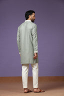 Pista Linen Embroidered Kurta with Whit Cream Plazzo Pants for Men - KORANM