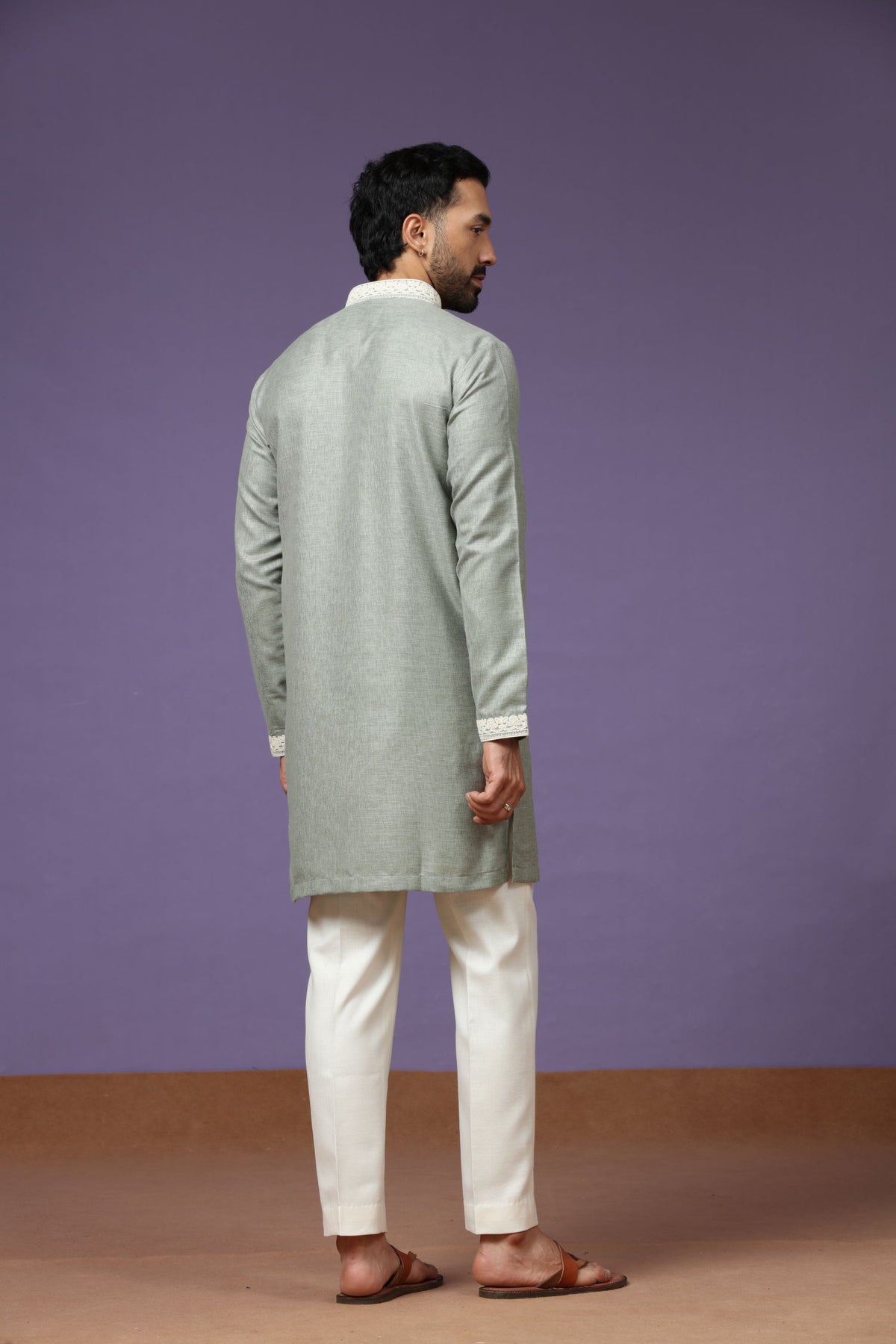 Pista Linen Embroidered Kurta with Whit Cream Plazzo Pants for Men - KORANM