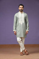 Pista Linen Embroidered Kurta with Whit Cream Plazzo Pants for Men - KORANM