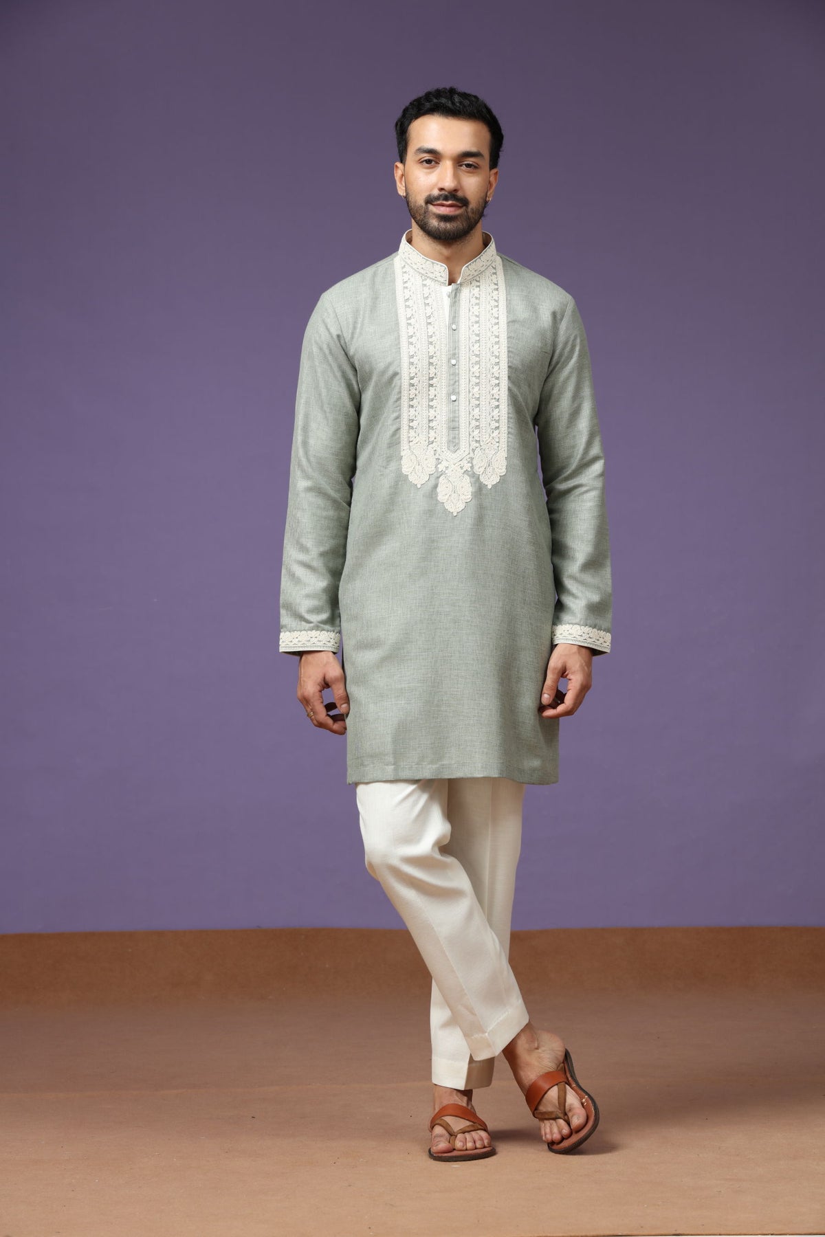 Pista Linen Embroidered Kurta with Whit Cream Plazzo Pants for Men - KORANM