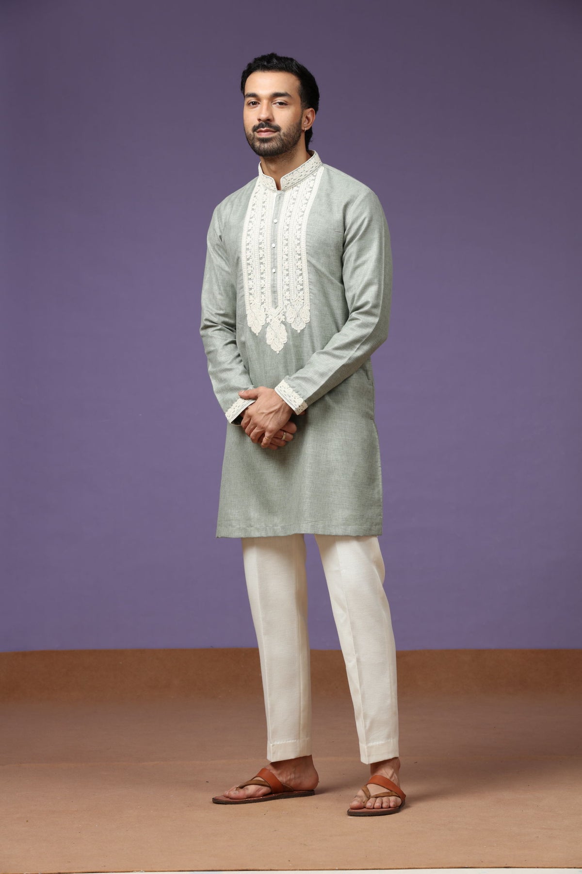 Pista Linen Embroidered Kurta with Whit Cream Plazzo Pants for Men - KORANM