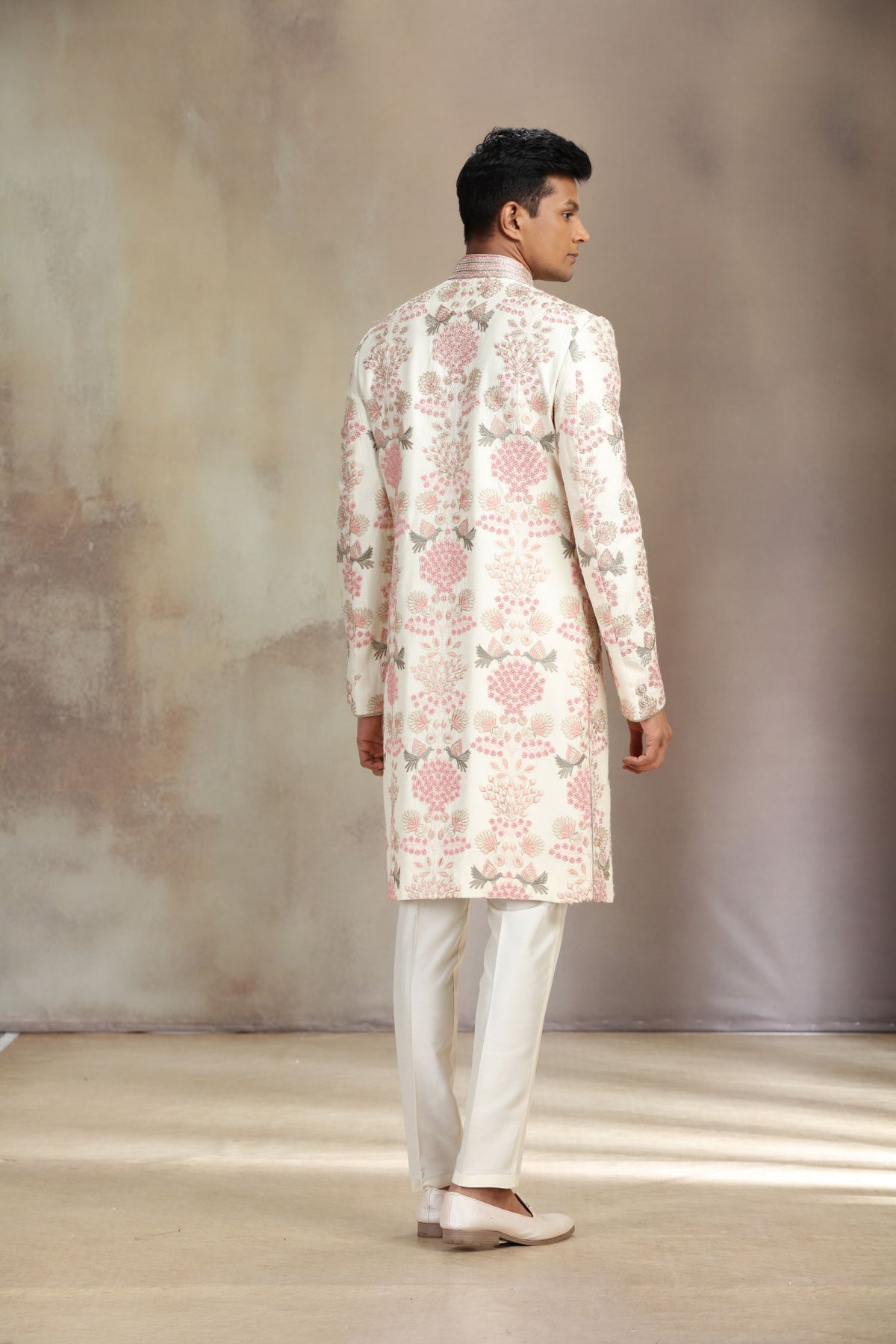 Cream Silk Sherwani Set with Floral Embroidery and White Aligadhi Bottom for Men - KORANM