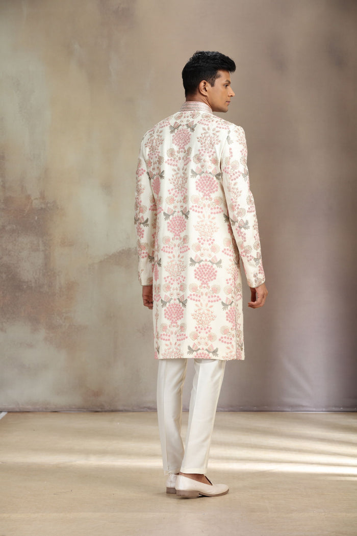Cream Silk Sherwani Set with Floral Embroidery and White Aligadhi Bottom for Men