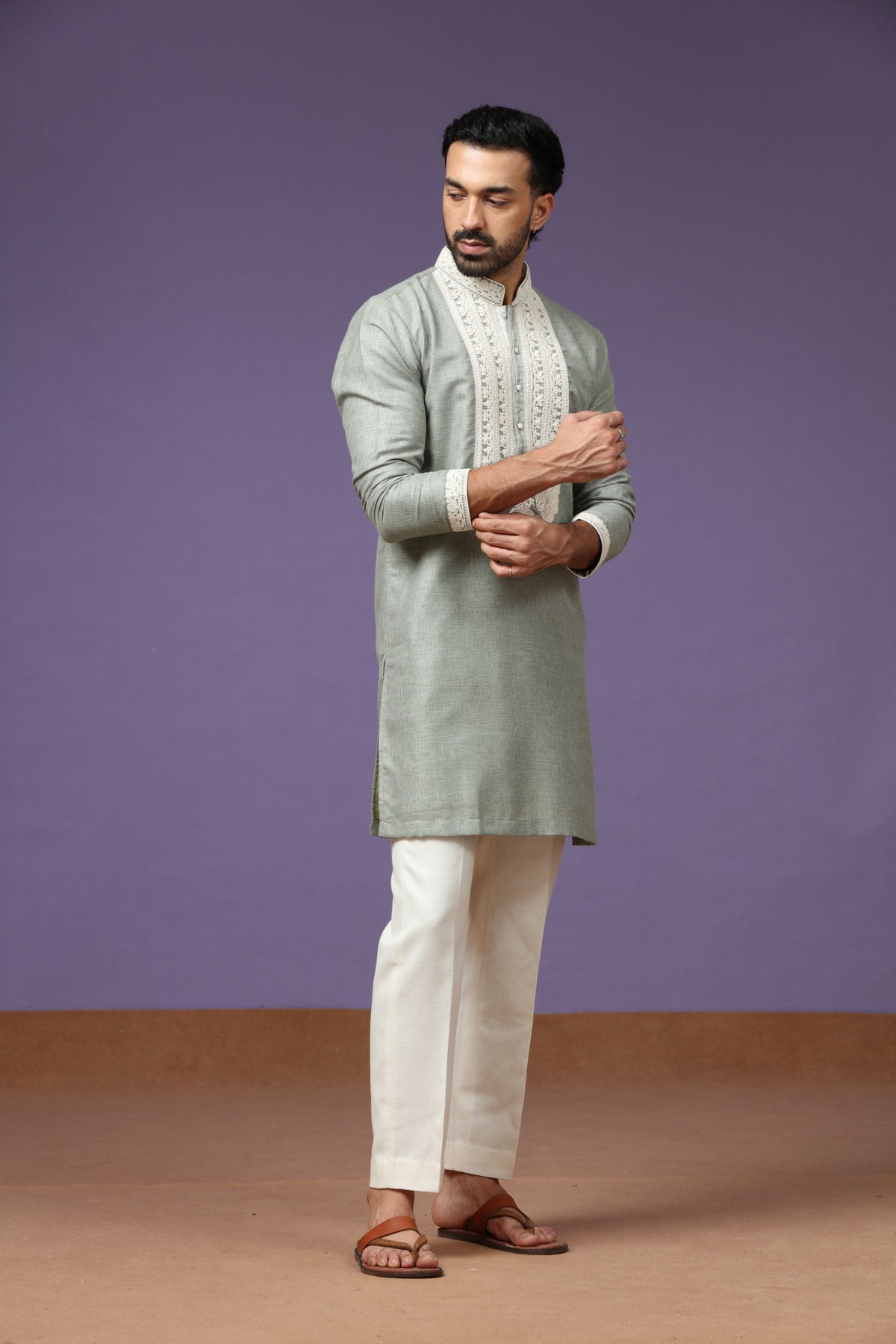 Pista Linen Embroidered Kurta with Whit Cream Plazzo Pants for Men - KORANM