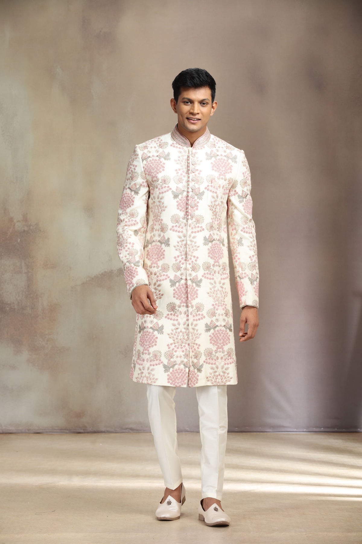 Cream Silk Sherwani Set with Floral Embroidery and White Aligadhi Bottom for Men - KORANM