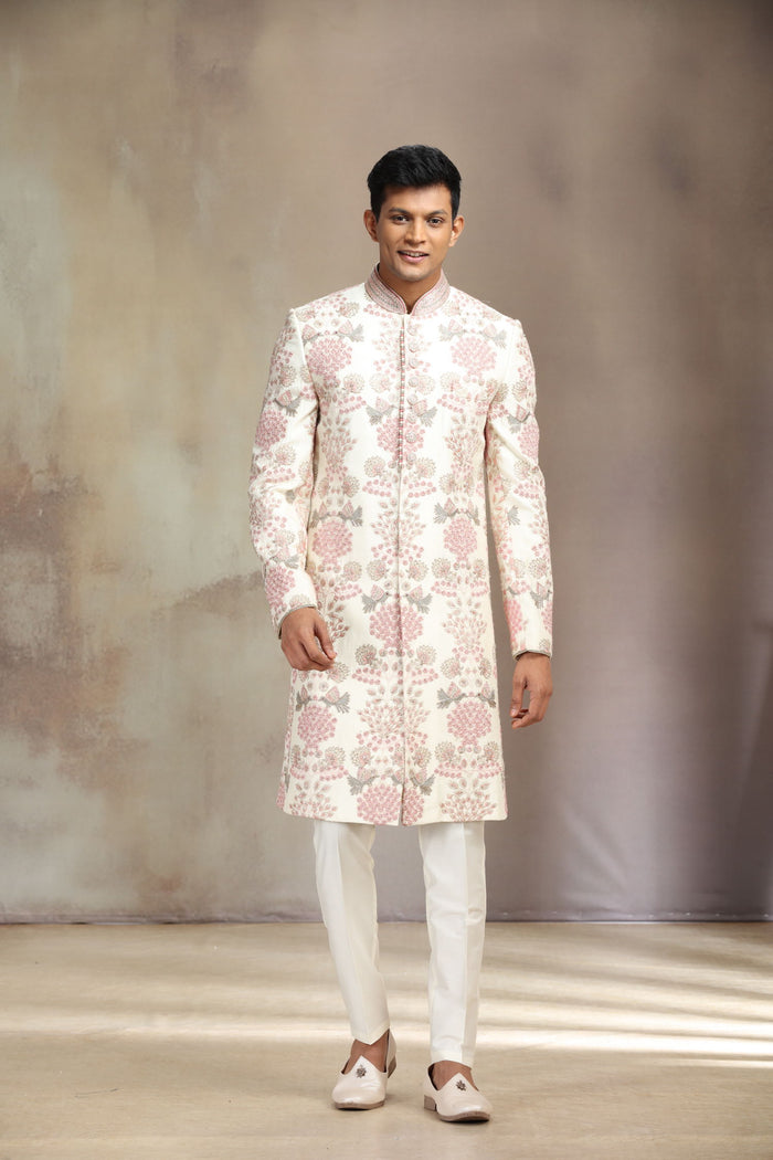Cream Silk Sherwani Set with Floral Embroidery and White Aligadhi Bottom for Men