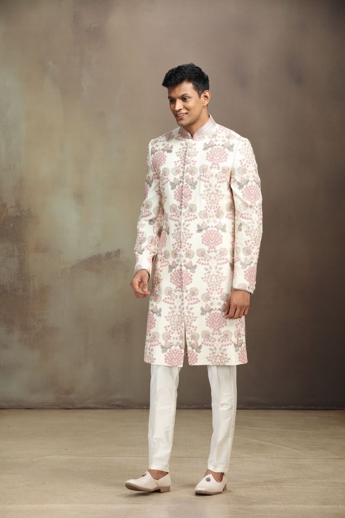 Cream Silk Sherwani Set with Floral Embroidery and White Aligadhi Bottom for Men - KORANM