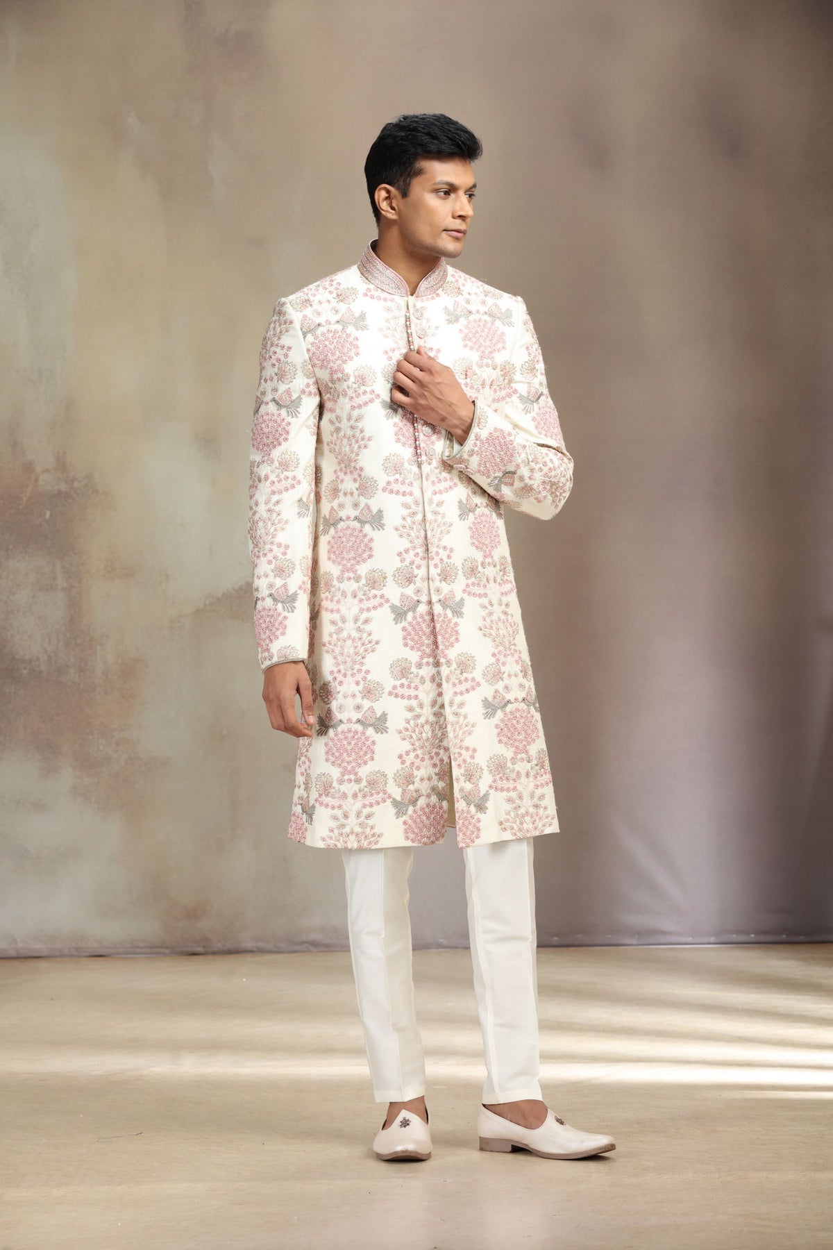 Cream Silk Sherwani Set with Floral Embroidery and White Aligadhi Bottom for Men - KORANM