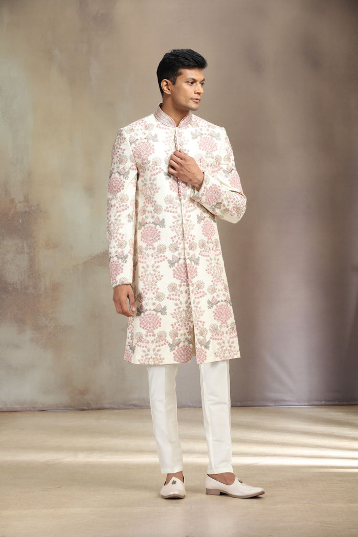 Cream Silk Sherwani Set with Floral Embroidery and White Aligadhi Bottom for Men