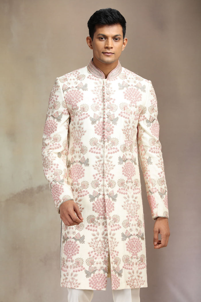 Cream Silk Sherwani Set with Floral Embroidery and White Aligadhi Bottom for Men