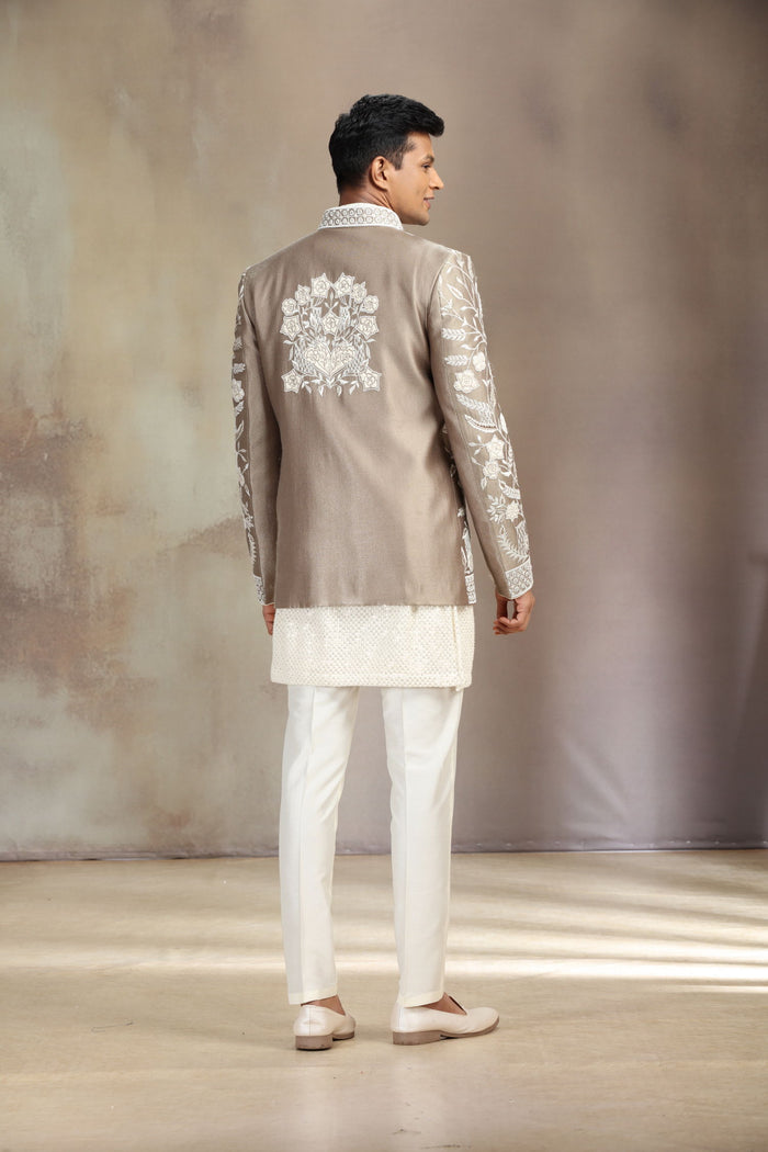 Antic Ivory Silk Indo-Western Set with Kurta and White Aligarhi. - KORANM