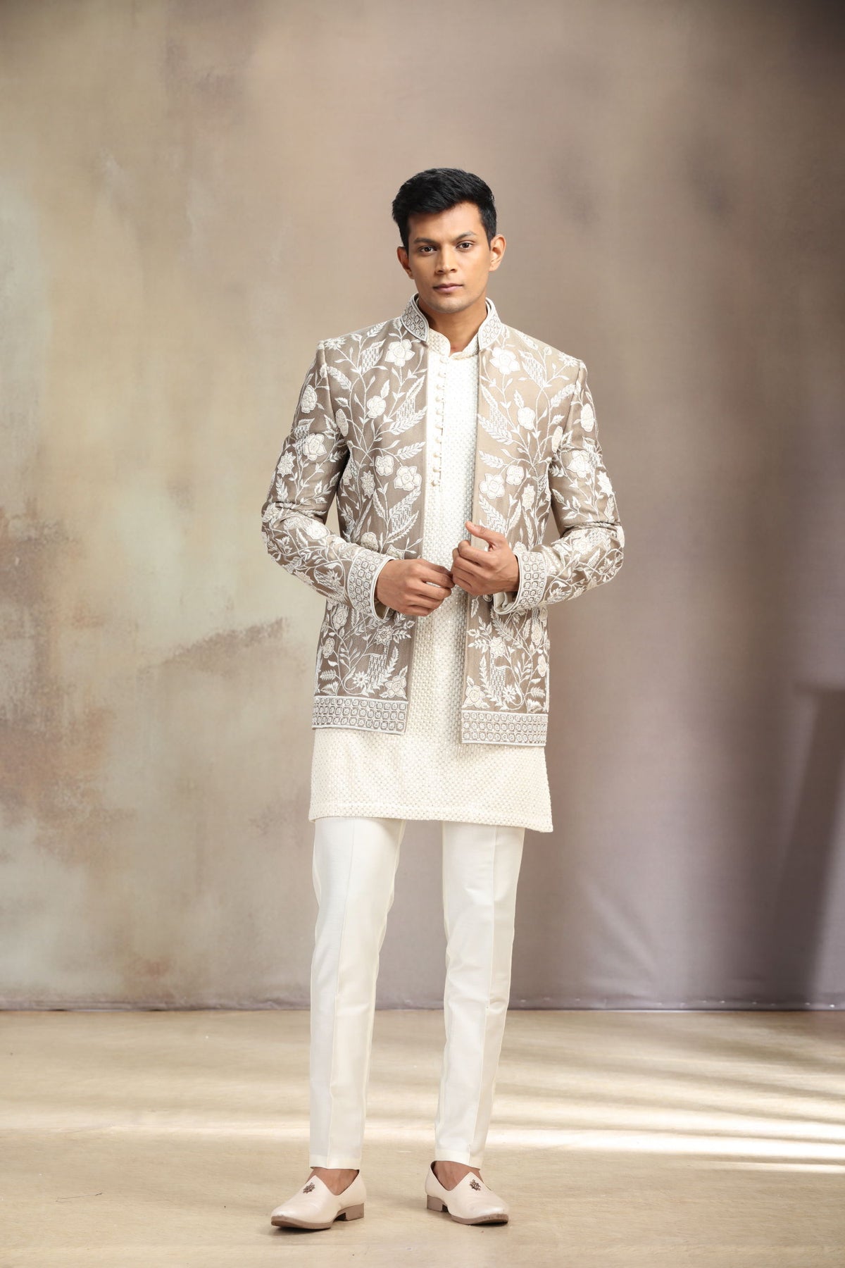 Antic Ivory Silk Indo-Western Set with Kurta and White Aligarhi. - KORANM
