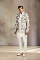 Antic Ivory Silk Indo-Western Set with Kurta and White Aligarhi.
