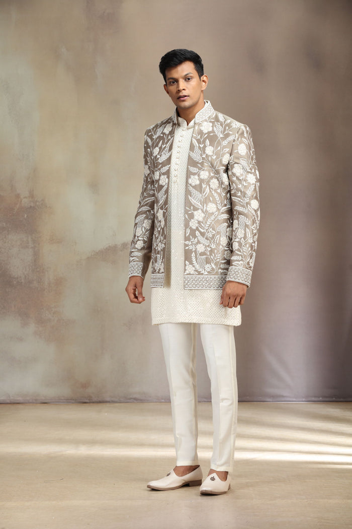 Antic Ivory Silk Indo-Western Set with Kurta and White Aligarhi. - KORANM