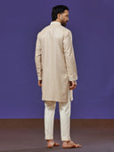 Beige Linen Embroidered Kurta with Aligarhi Pants