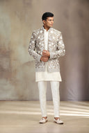 Antic Ivory Silk Indo-Western Set with Kurta and White Aligarhi.