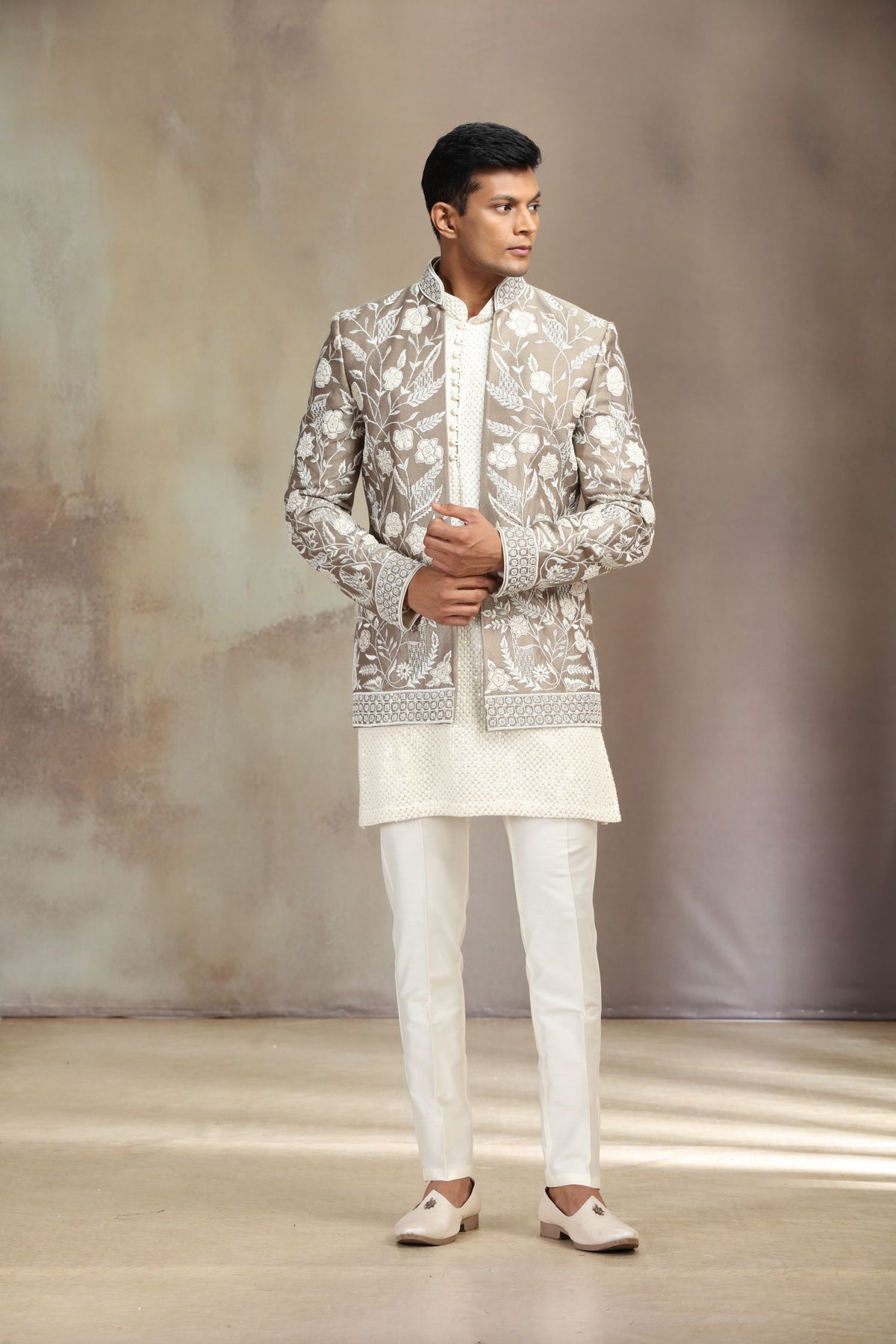 Antic Ivory Silk Indo-Western Set with Kurta and White Aligarhi. - KORANM