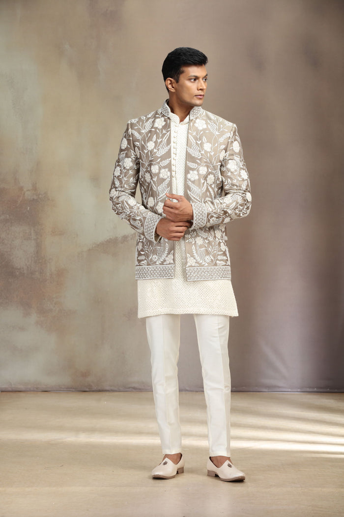 Antic Ivory Silk Indo-Western Set with Kurta and White Aligarhi. - KORANM