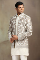Antic Ivory Silk Indo-Western Set with Kurta and White Aligarhi.