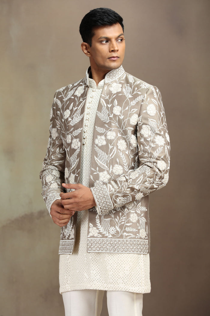 Antic Ivory Silk Indo-Western Set with Kurta and White Aligarhi. - KORANM