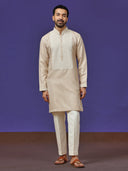 Beige Linen Embroidered Kurta with Aligarhi Pants