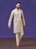 Beige Linen Embroidered Kurta with Aligarhi Pants