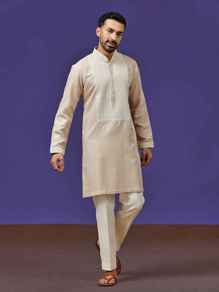 Beige Linen Embroidered Kurta with Aligarhi Pants