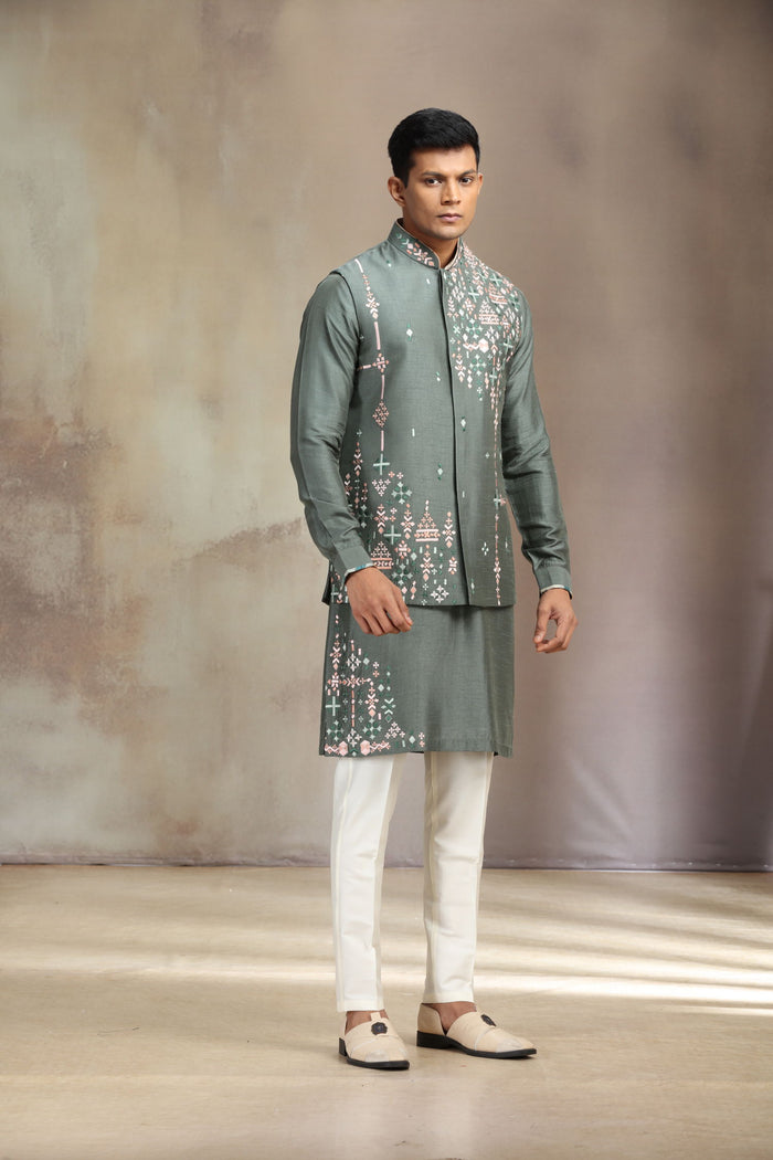 Green Prabal Silk Bandi Set paired with classic White Aligarhi bottoms. - KORANM