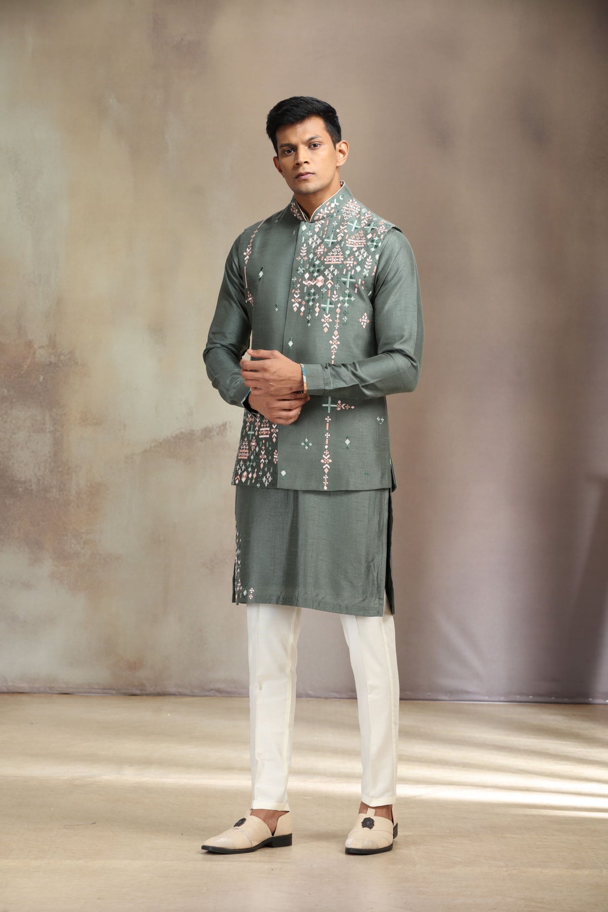 Green Prabal Silk Bandi Set paired with classic White Aligarhi bottoms. - KORANM
