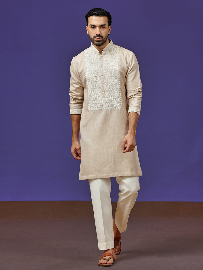 Beige Linen Embroidered Kurta with Aligarhi Pants