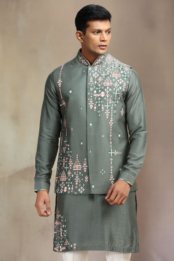Green Prabal Silk Bandi Set paired with classic White Aligarhi bottoms. - KORANM