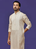 Beige Linen Embroidered Kurta with Aligarhi Pants
